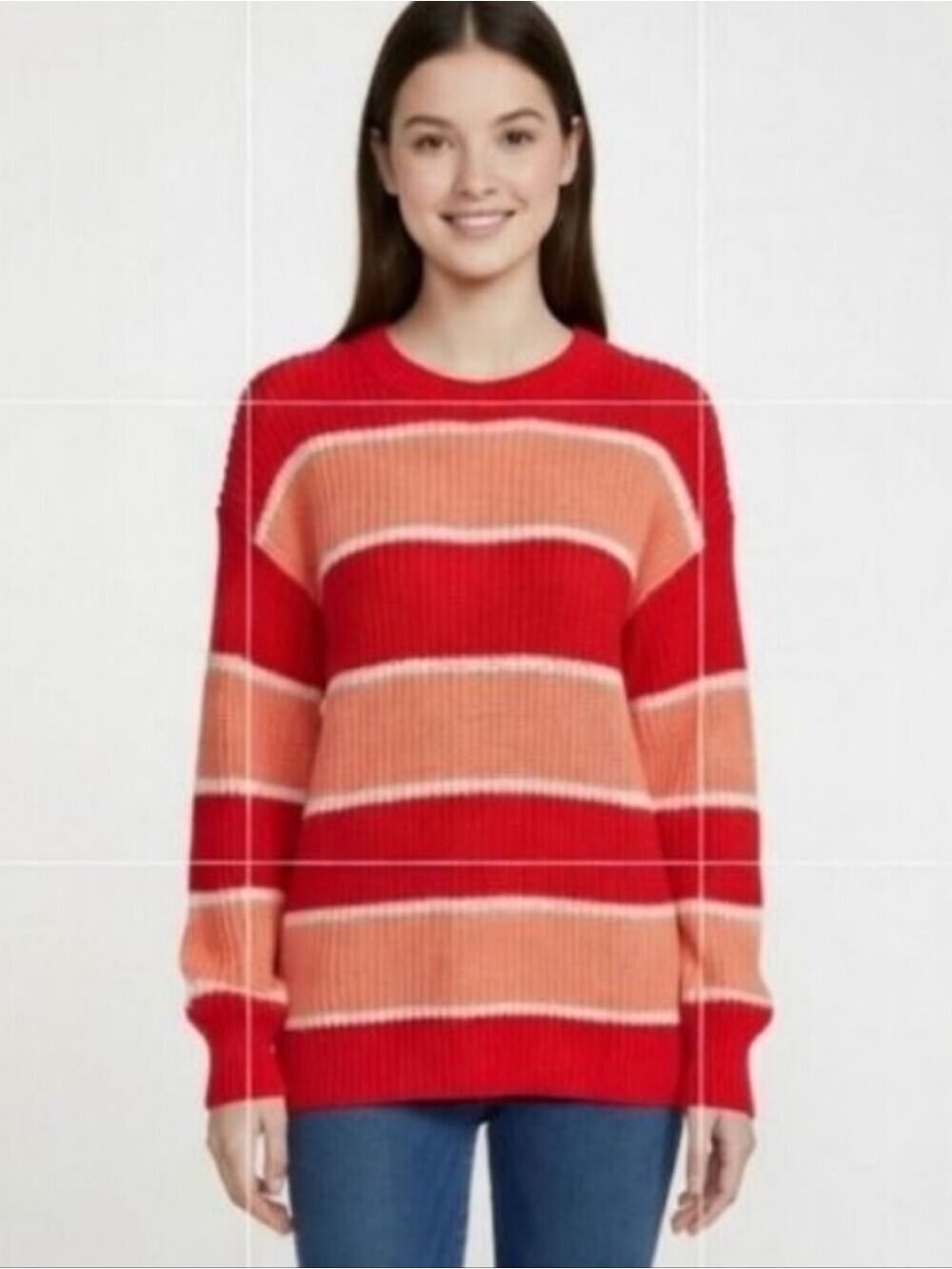 Wythe NY Wide Striped Orange Coral Crew Neck Chunky Cozy Sweater Sz Medium